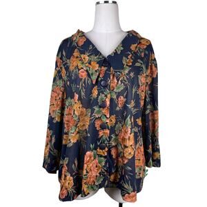 Vintage Lady Darian Orange Blue Floral Blouse Plus Size 32 5X Boho Grandmacore